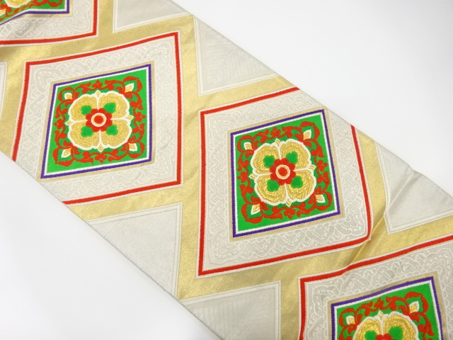 JAPANESE KIMONO / ANTIQUE FUKURO OBI / SILK / WOVEN RHOMBUS & FLOWER